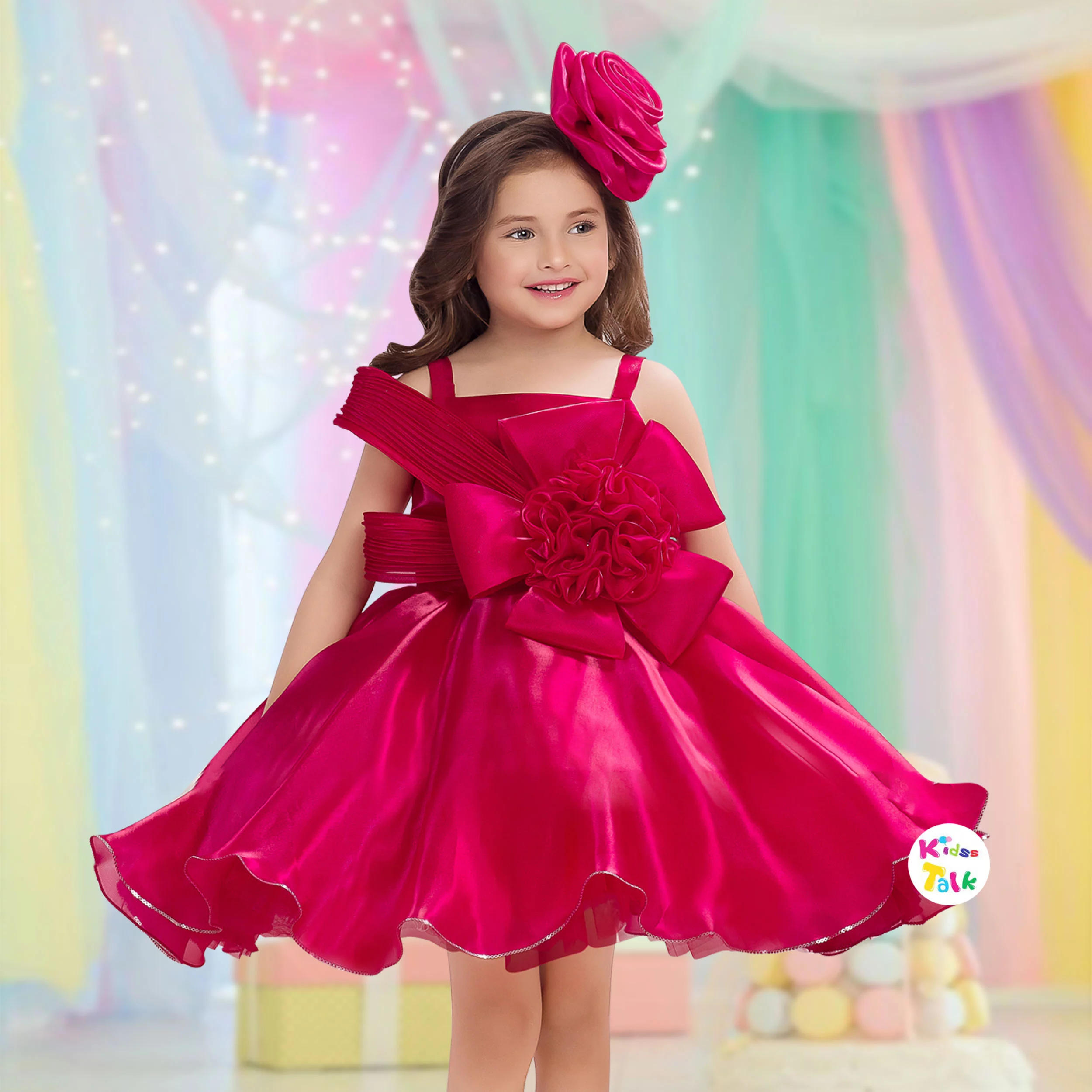 Satin Sleeveless Fluffy Party Frock With Flower Applique - Hot Pink